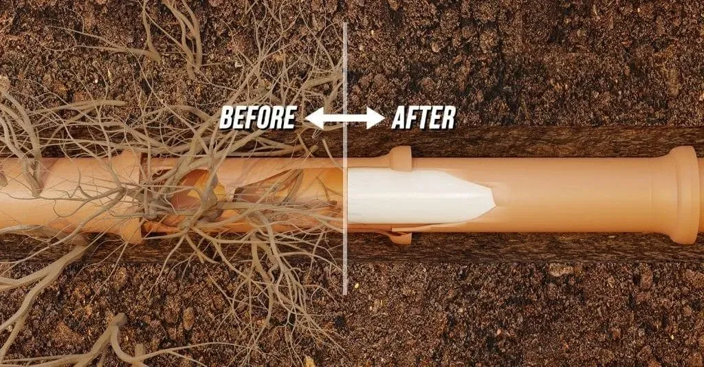 Comparison of a sewer pipe with tree root damage versus a restored pipe with a seamless trenchless lining in Bloomington